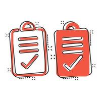 Document checkbox icon in comic style. Test cartoon vector illustration on white isolated background. Contract splash effect business concept.