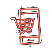 Online shopping icon in comic style. Smartphone store cartoon vector illustration on white isolated background. Market splash effect business concept.