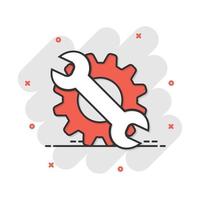 Vector cartoon service tool icon in comic style. Cogwheel with wrench sign illustration pictogram. Workshop business splash effect concept.