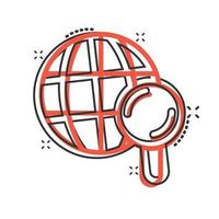 Globe search icon in comic style. Network navigation cartoon vector illustration on white isolated background. Global geography loupe splash effect business concept.