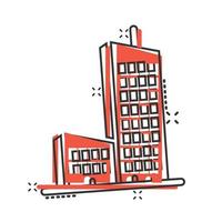 Building icon in comic style. Town skyscraper apartment cartoon vector illustration on white isolated background. City tower splash effect business concept.