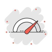 Meter dashboard icon in comic style. Credit score indicator level vector cartoon illustration pictogram. Gauges with measure scale business concept splash effect.