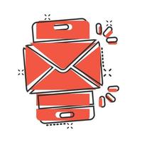 Message on smartphone icon in comic style. Mail with phone cartoon vector illustration on white isolated background. Envelope splash effect business concept.