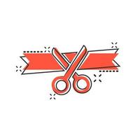 Scissors icon in comic style. Cutting ribbon vector cartoon illustration on white isolated background. Ceremonial business concept splash effect.