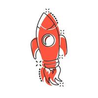 Rocket space ship icon in comic style. Spaceship vector cartoon illustration pictogram. Rocket start business concept splash effect.