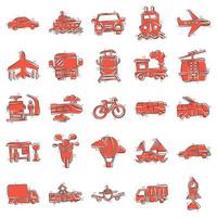 Transport icon set in comic style. Car vector cartoon collection illustration on white isolated background. Shipping transportation splash effect business concept.