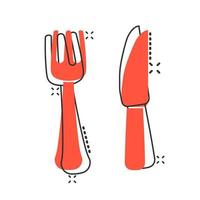 Fork and knife restaurant icon in comic style. Dinner equipment vector cartoon illustration pictogram splash effect.