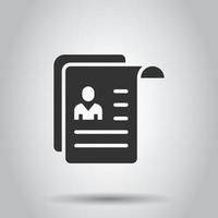 Resume icon in flat style. Contract document vector illustration on white isolated background. Paper notepad business concept.