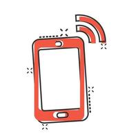 Smartphone blank screen icon in comic style. Mobile phone cartoon vector illustration on white isolated background. Telephone splash effect business concept.