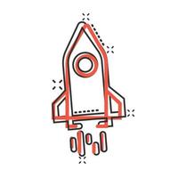 Rocket icon in comic style. Spaceship launch cartoon vector illustration on white isolated background. Sputnik splash effect business concept.