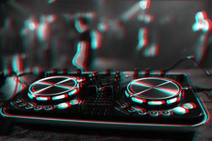 DJ console for mixing music with blurry people dancing at a nightclub party. Black and white with 3D glitch virtual reality effect photo