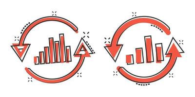 creciente icono de gráfico de barras en estilo cómico. aumentar la ilustración de vector de dibujos animados de flecha sobre fondo blanco aislado. concepto de negocio de efecto de salpicadura de progreso infográfico.