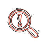 Risk analysis icon in comic style. Exclamation magnifier cartoon vector illustration on white isolated background. Attention splash effect business concept.