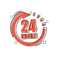 24 hours clock sign icon in comic style. Twenty four hour open vector cartoon illustration on white isolated background. Timetable business concept splash effect.