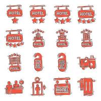 Hotel icon set in comic style. Booking cartoon vector illustration on white isolated background. Vacation reservation splash effect business concept.