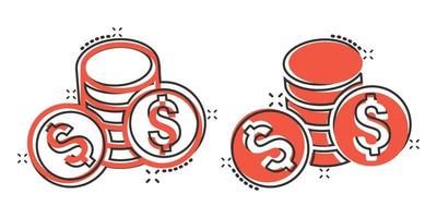 Coins stack icon in comic style. Dollar coin cartoon vector illustration on white isolated background. Money stacked splash effect business concept.