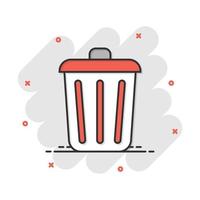 Trash bin garbage icon in comic style. Trash bucket vector cartoon illustration pictogram. Garbage basket business concept splash effect.