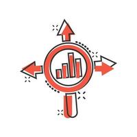 Market trend icon in comic style. Growth arrow with magnifier cartoon vector illustration on white isolated background. Increase splash effect business concept.