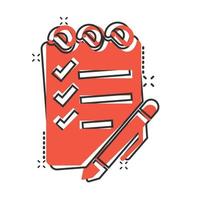 To do list icon in comic style. Document checklist cartoon vector illustration on white isolated background. Notepad check mark splash effect business concept.