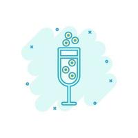 Champagne glass icon in comic style. Alcohol drink vector cartoon illustration on white isolated background. Cocktail splash effect business concept.