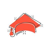 icono de gorra de graduación en estilo cómico. ilustración de dibujos animados de vector de sombrero de educación sobre fondo blanco aislado. efecto de salpicadura de concepto de negocio de licenciatura universitaria.