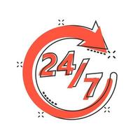 Vector cartoon twenty four hour clock icon in comic style. 24 7 service time concept illustration pictogram. Around the clock business splash effect concept.