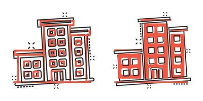 icono de signo de edificio de oficinas en estilo cómico. ilustración de vector de dibujos animados de apartamento sobre fondo aislado. concepto de negocio de efecto de salpicadura de arquitectura.