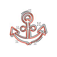 Boat anchor sign icon in comic style. Maritime equipment vector cartoon illustration on white isolated background. Sea security business concept splash effect.