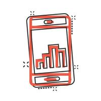 icono de diagrama de teléfono en estilo cómico. ilustración vectorial de dibujos animados de estadísticas de crecimiento de teléfonos inteligentes sobre fondo blanco aislado. concepto de negocio de efecto de salpicadura de análisis de gadgets. vector