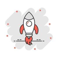 icono de nave espacial de cohetes en estilo cómico. Pictograma de ilustración de dibujos animados de vector de nave espacial. efecto de salpicadura de concepto de negocio de inicio de cohete.