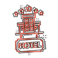 Hotel 5 stars sign icon in comic style. Inn building cartoon vector illustration on white isolated background. Hostel room splash effect business concept.