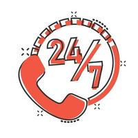 Phone service 24 7 icon in comic style. Telephone talk cartoon vector illustration on white isolated background. Hotline contact splash effect business concept.