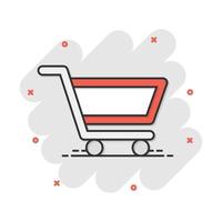 Vector cartoon shopping cart icon in comic style. Shop bag sign illustration pictogram. Mall business splash effect concept.