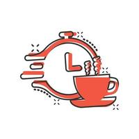 Coffee break icon in comic style. Clock with tea cup cartoon vector illustration on white isolated background. Breakfast time splash effect business concept.