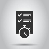 Document witch clock icon in flat style. Checklist survey vector illustration on white isolated background. Fast service business concept.