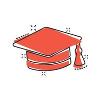 Graduation hat icon in comic style. Student cap cartoon vector illustration on white isolated background. University splash effect business concept.