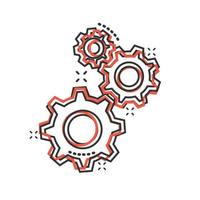 Gear vector icon in comic style. Cog wheel cartoon illustration on white isolated background. Gearwheel cogwheel splash effect business concept.