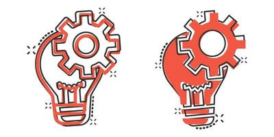 Innovation icon in comic style. Lightbulb with cogwheel cartoon vector illustration on white isolated background. Idea splash effect business concept.