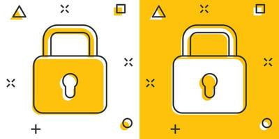 Padlock icon in comic style. Lock cartoon vector illustration on white isolated background. Private splash effect business concept.