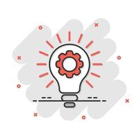 Innovation icon in comic style. Lightbulb with cogwheel cartoon vector illustration on white isolated background. Idea splash effect business concept.