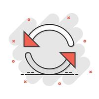 Arrow rotation icon in comic style. Sync action vector cartoon illustration on white isolated background. Refresh button business concept splash effect.