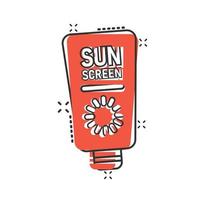 Sun protection icon in comic style. Sunblock cream cartoon vector illustration on white isolated background. Spf care splash effect business concept.