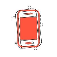 Smartphone icon in comic style. Phone handset vector cartoon illustration pictogram splash effect.