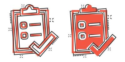 To do list icon in comic style. Document checklist cartoon vector illustration on white isolated background. Notepad check mark splash effect business concept.