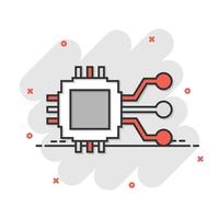 Computer chip icon in comic style. Circuit board cartoon vector illustration on white isolated background. Cpu processor splash effect business concept.