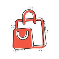 Shopping bag icon in comic style. Handbag cartoon sign vector illustration on white isolated background. Package splash effect business concept.