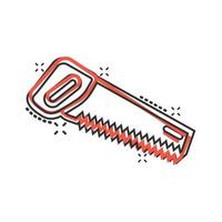 Saw blade icon in comic style. Working tools cartoon vector illustration on white isolated background. Hammer splash effect business concept.