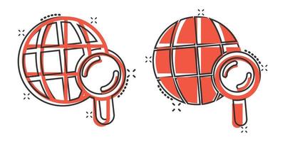 Globe search icon in comic style. Network navigation cartoon vector illustration on white isolated background. Global geography loupe splash effect business concept.