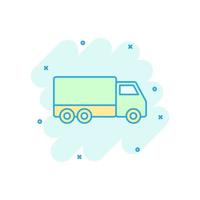 Delivery truck sign icon in comic style. Van vector cartoon illustration on white isolated background. Cargo car business concept splash effect.