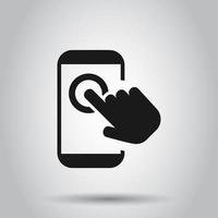 Hand touch smartphone icon in flat style. Phone finger vector illustration on isolated background. Cursor touchscreen business concept.